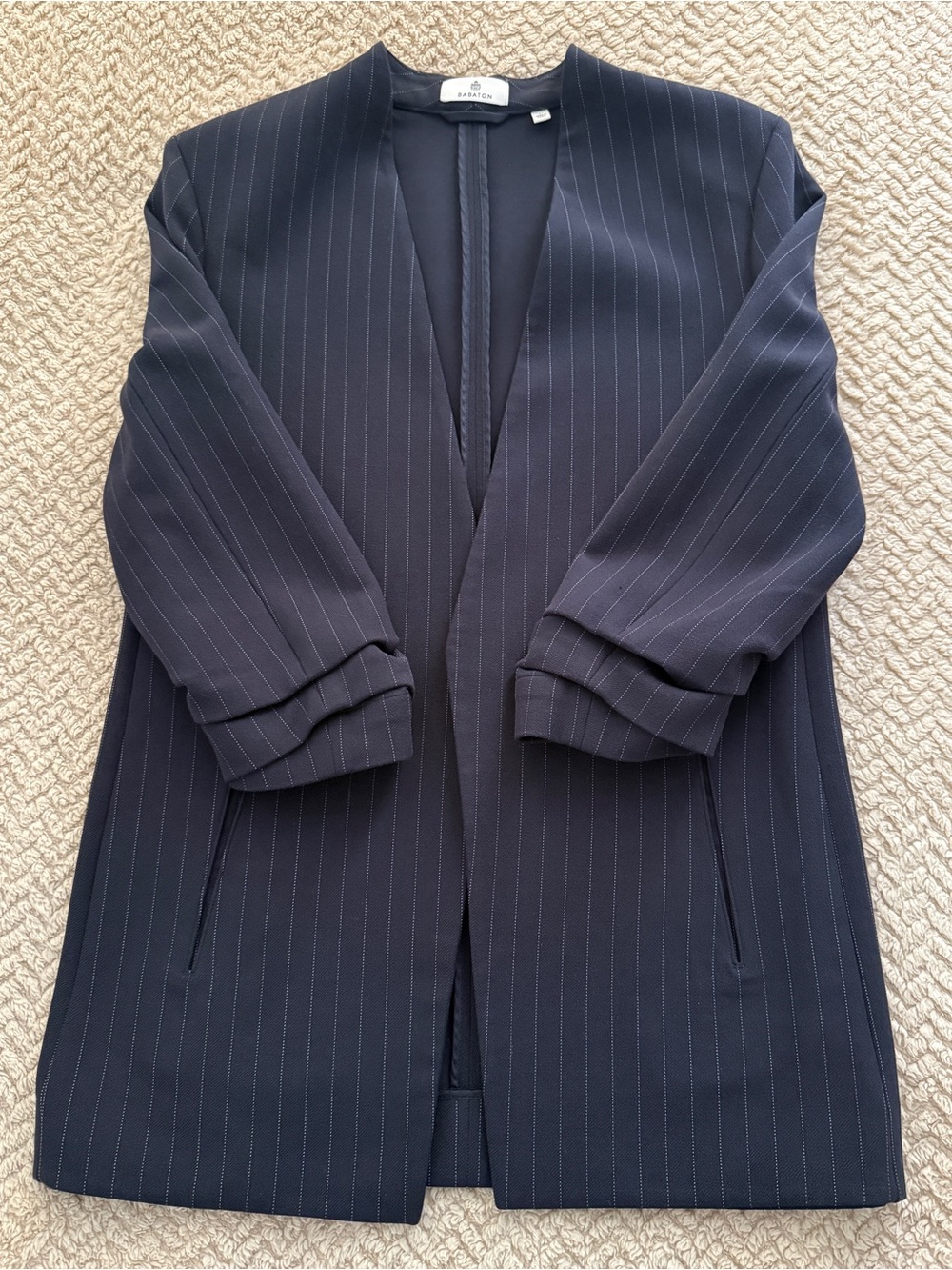 Aritzia Navy Pinstripe Collarless Blazer